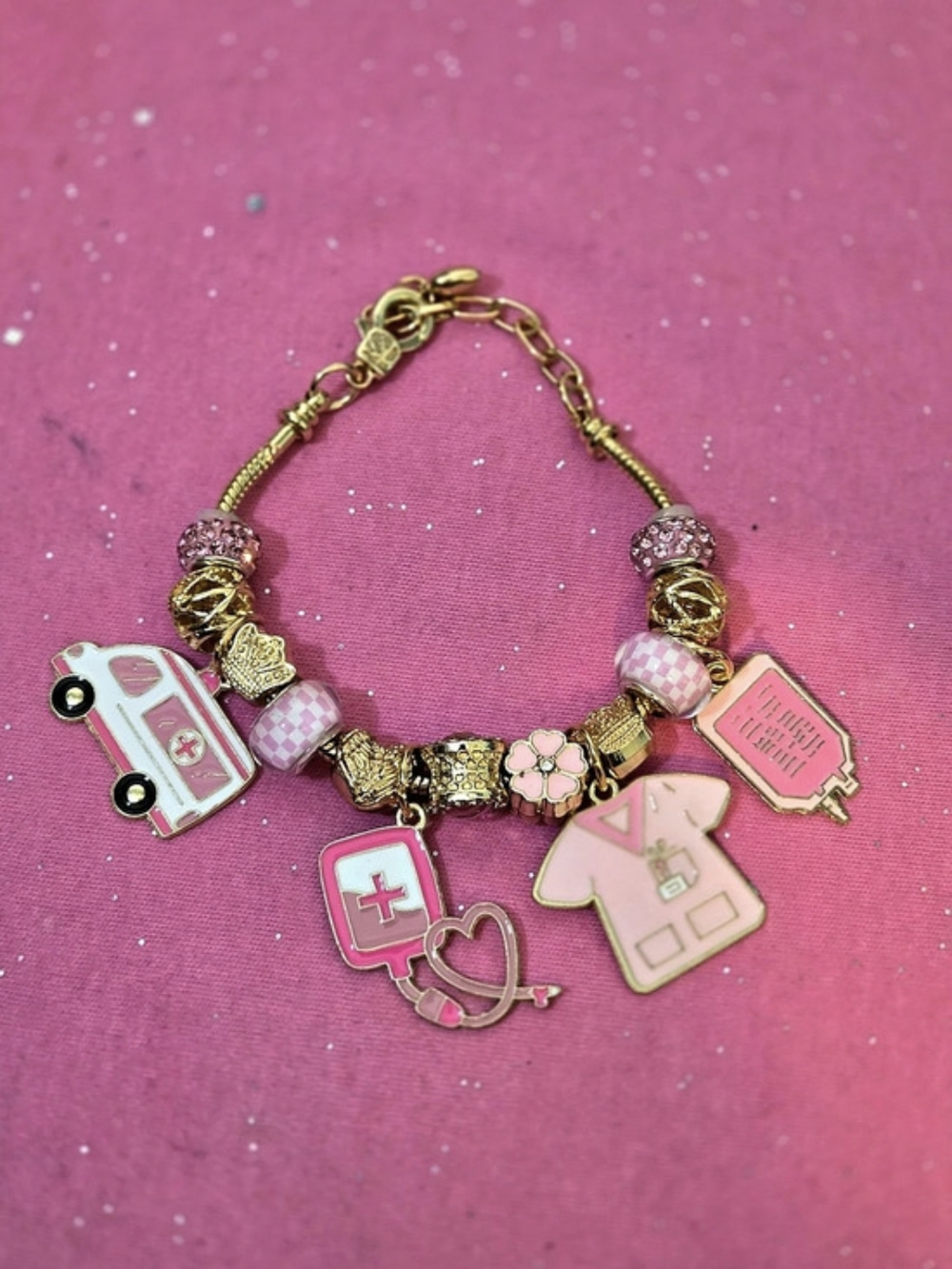 Pink/Gold Tone Cable Chain Charm Bracelet w/ Nurse Medical Enamel Dangle Charms